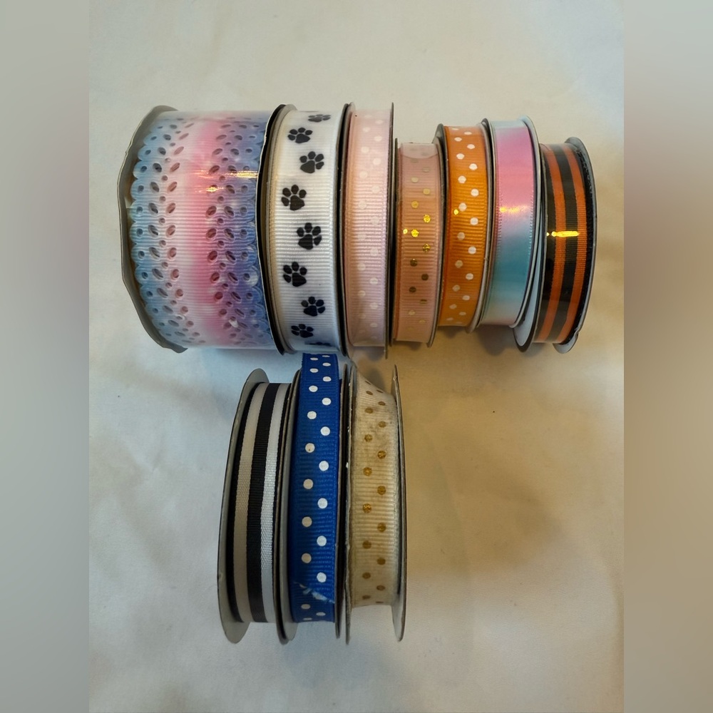 Lot of 10 Ribbon Spools – Polka Dot, Paw Print, Stripes, Ombre – 7 New